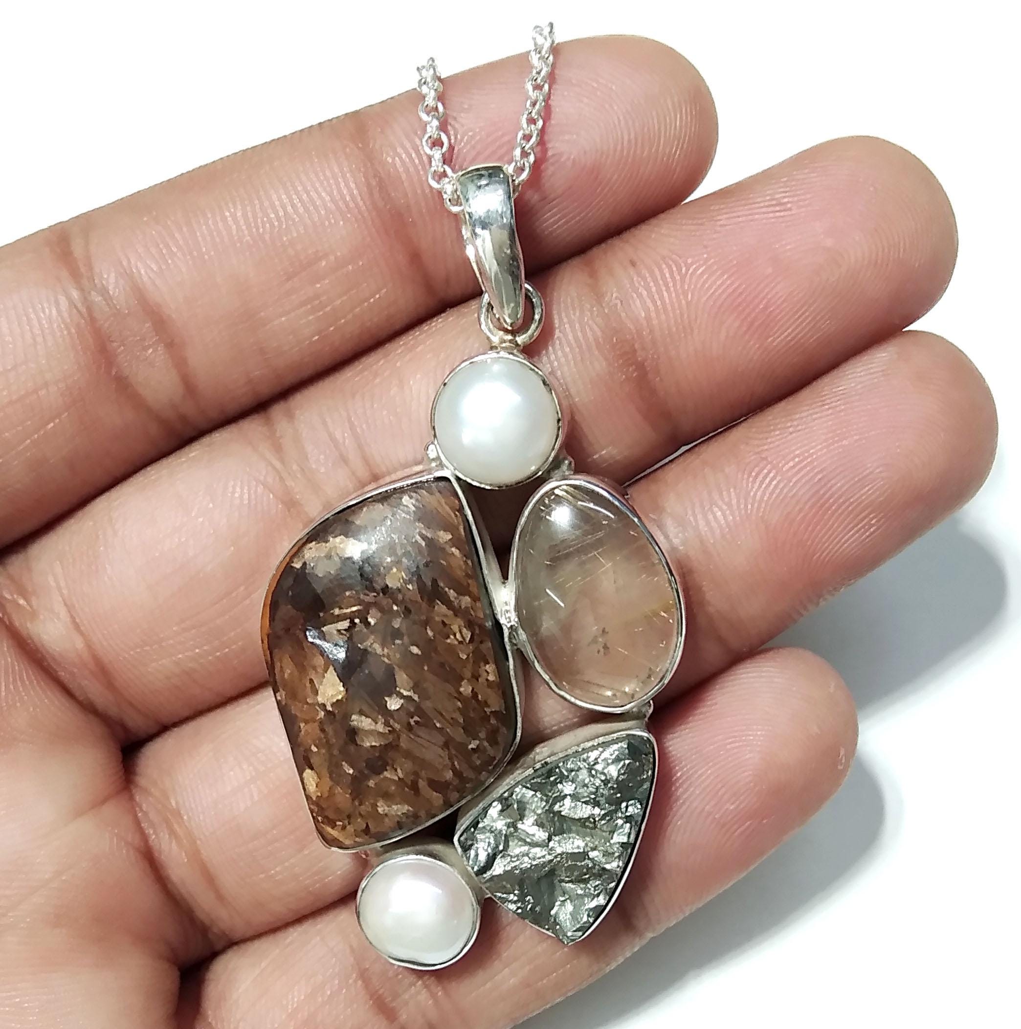 ALL Natural Gemstone Pendant, Bronzite With Real Multi Stone Pendant, 925 Starling Silver Jewelry Pendant, Handmade Making Stylish Pendant